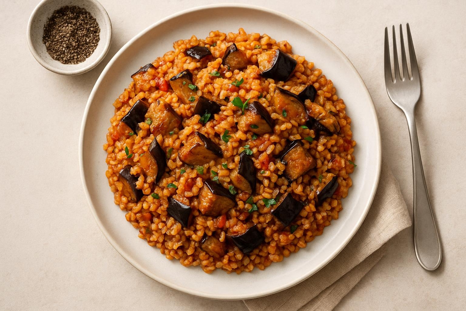 پلو بلغور با بادمجان